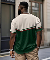 Men's Plus Size Daily Casual Green Stripe Alphabet Print Henry Collar Button Short Sleeve T-Shirt